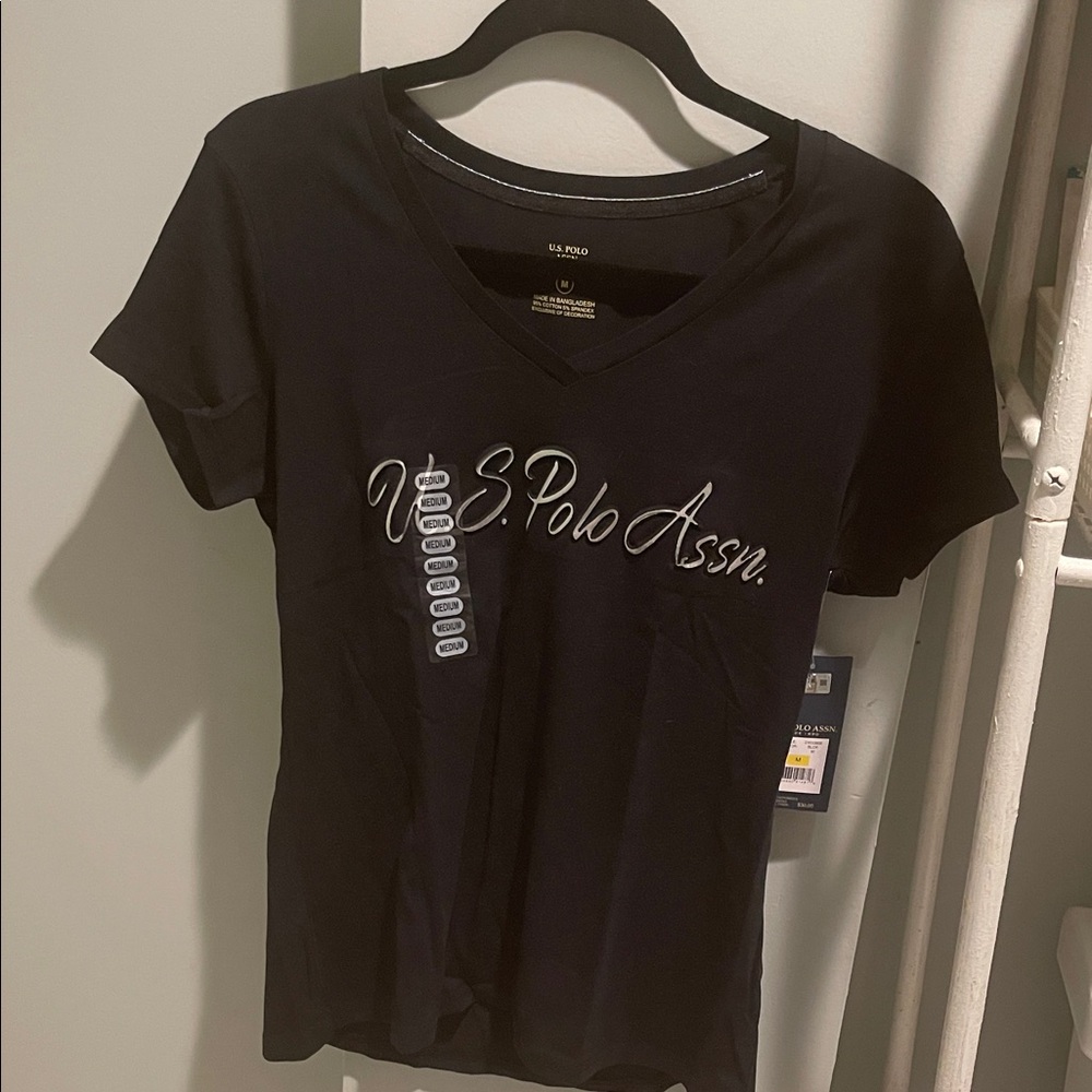 U.S. Polo Assn. Women's Black V-Neck Logo Tee with White Script